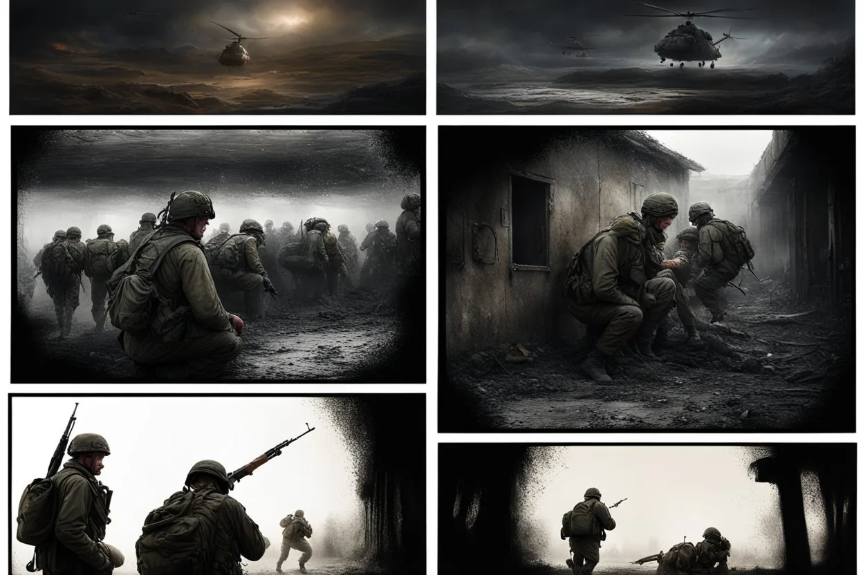 Masterpiece1:5)(Fineart), (award-winning:1.5), highest quality, (ultra realism:1.5) war journalism(,(by Tim Page and Hoorst Faas:1.5))(photorealistic:1.8),(Eastern Ukraine:(panel one:the moment after a battle ends, horrors of war, wounded men),(2nd panel, cinematic shot of men sitting in trench with 1000 yard stare (focus on their eyes:1.5)),(the third panel shows troops tired but hyper alert), (the fourth panel shows the sky is filled with incessant, fire and smoke,)