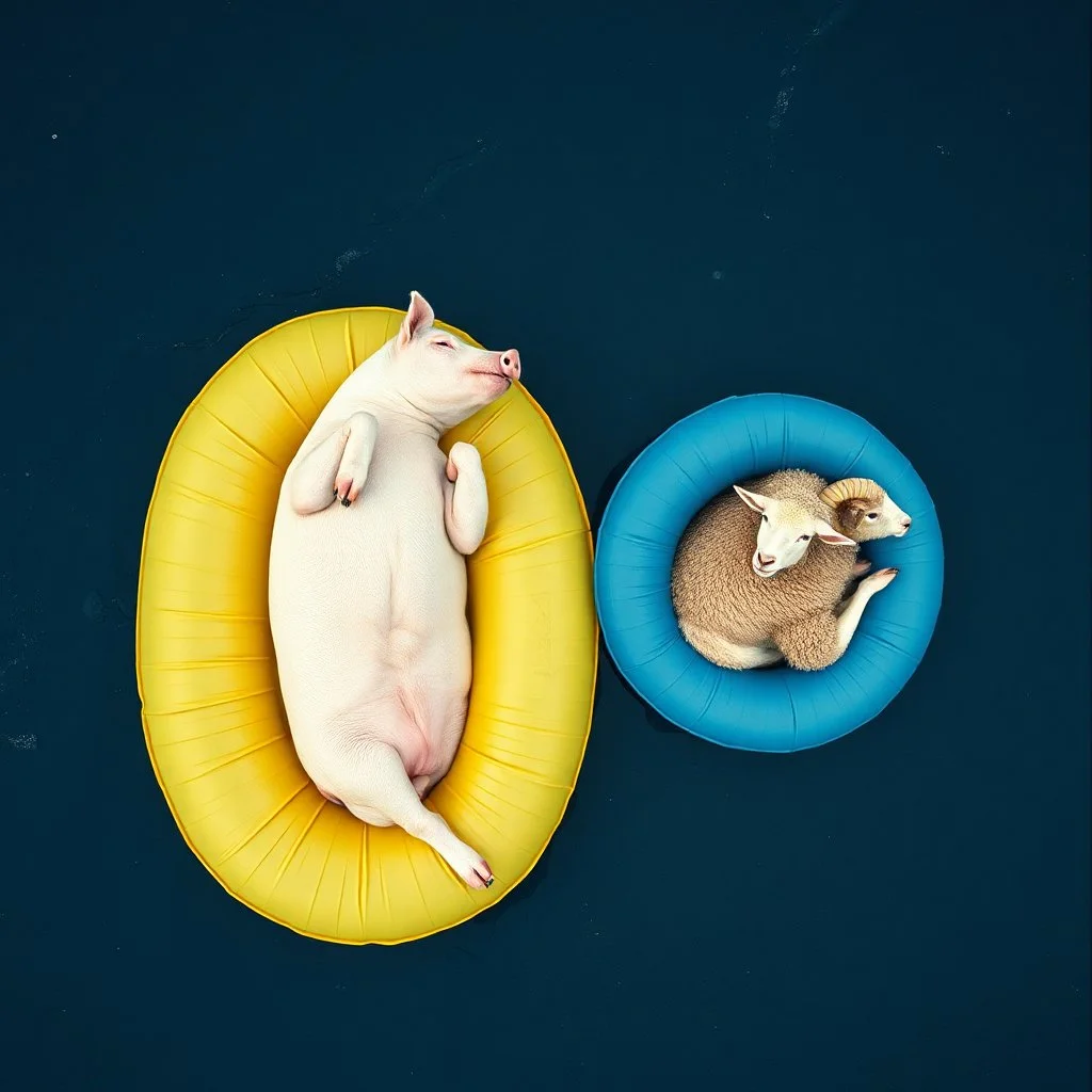 wide view Overhead shot of a pig reclining on its back in a faded yellow inner tube and a sheep reclining on its back in a blue inner tube out in the middle of a vast ocean. color photo, low contrast, film grain, absurd