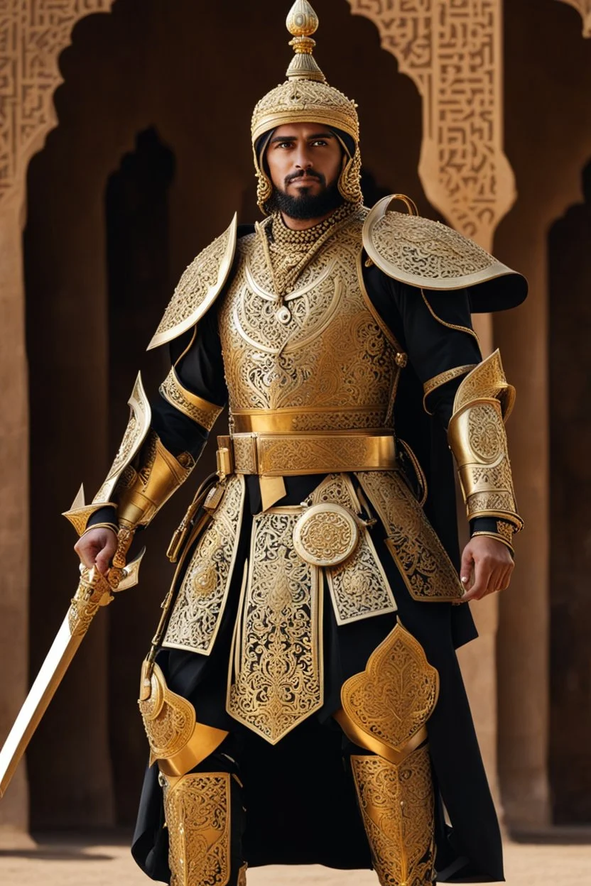 Full body photography,front_view,militan islamic looking at viewer,traditional dress ornaments mechanical_armor,intricate armor, delicate golden filigree, intricate filigree, black metalic parts, detailed part,desert background, dynamic lighting