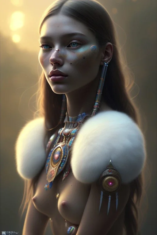 girl, cute, beautiful, Native American, head and shoulders portrait, 8k resolution concept art portrait by Greg Rutkowski, Artgerm, WLOP, Alphonse Mucha dynamic lighting hyperdetailed intricately detailed Splash art trending on Artstation triadic colors Unreal Engine 5 volumetric lighting, long hair, brown eyes, black hair