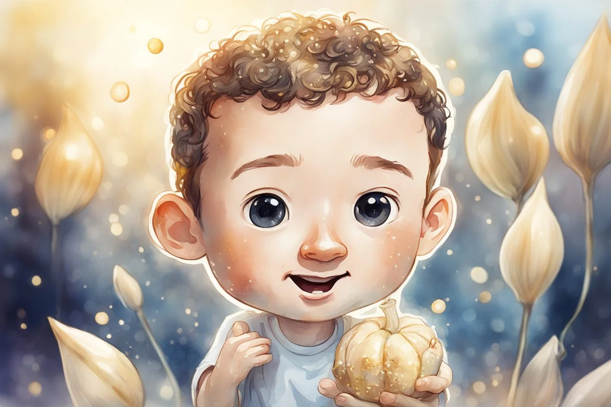 cute chibi mark zuckerberg with a big garlic in sunshine, watercolor and black in outlines, golden glitter, ethereal, cinematic postprocessing, bokeh, dof