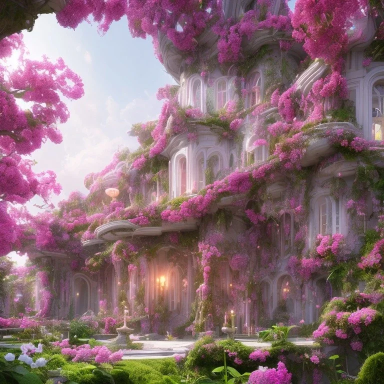 a magical flower bougainvillier fuksia house in the woods, pink vertical, sharp, vines, candlelit, endor, ornate, elegant, highly detailed, artstation, concept art, smooth, sharp focus, illustration, 8k, splash art, wallpaper, key visual