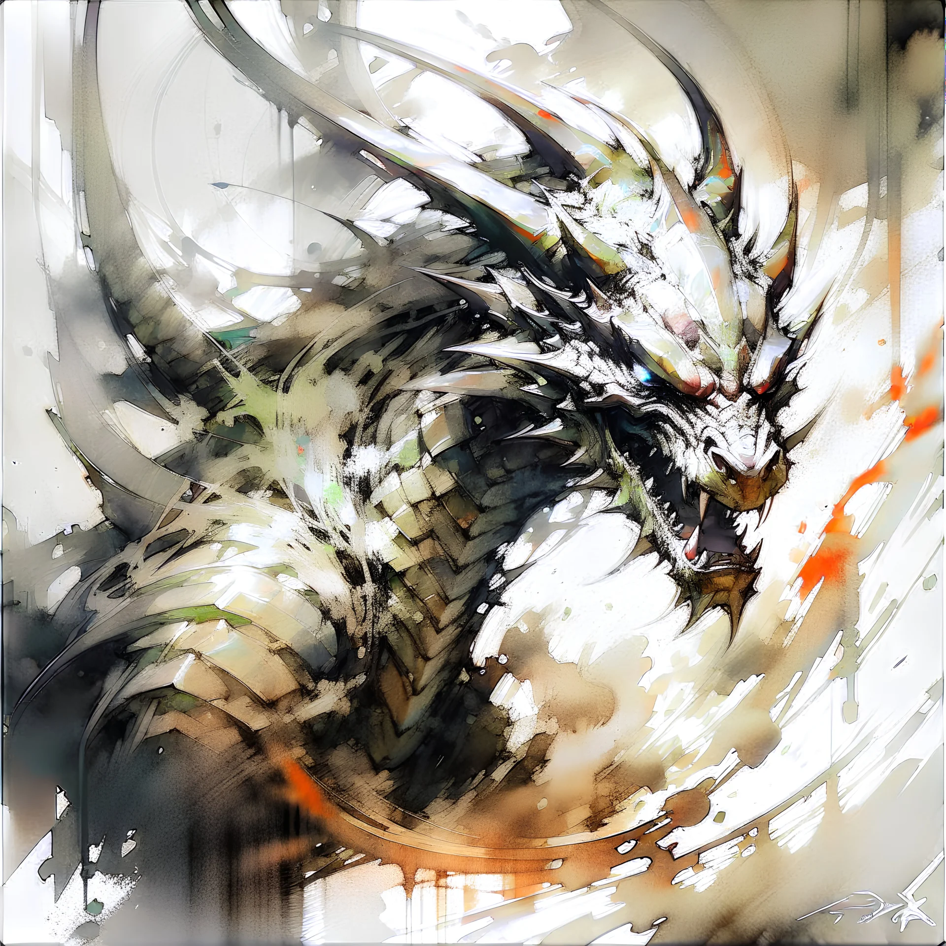 sketch-style painting of a dragon art by Yoji Shinkawa and Valeria Burzo