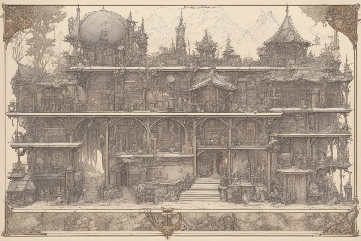 A densely packed, complex concept sheet rendered in the high-fantasy illustration style of Michael Kaluta. The layout features an aged parchment aesthetic with ink washes, cross-hatching, and intricate details defining the equipment for the "Master of Seasons" character class. The main image is a full layout of essential items. Dominating the sheet are several highly detailed weapons: a twisted 'Staff of the Vernal Equinox' carved with blossoming ivy and runes; an ornate 'Sunstone Dagger' for hi