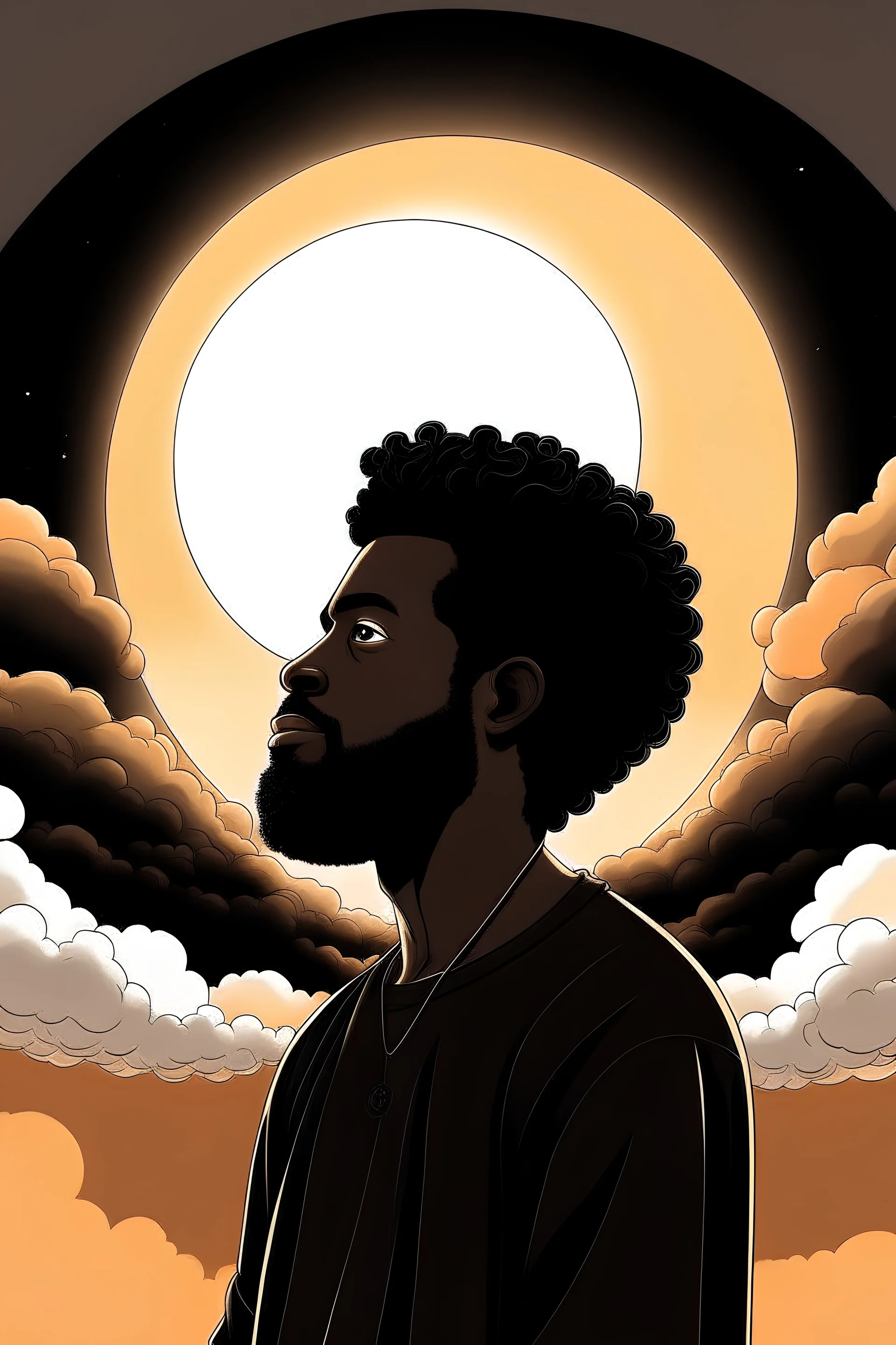 show me an illustration of a black Noah with a mini afro and a beard looking at the clouds talking the sun is shining on him and a bright ball of light shines down on him