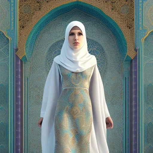 woman in flowing, white burka standing in front of a mosque with ocean-coloured mosaic walls, high-quality, fine-detail, intricate, ornate, volumetric lighting, 8k resolution, haunting, powerful, photo-realistic, high-quality, Moe Zoyari, Brian Froud, Howard Lyon, Romain Veillon, Greg Rutowski, Anna dittmann