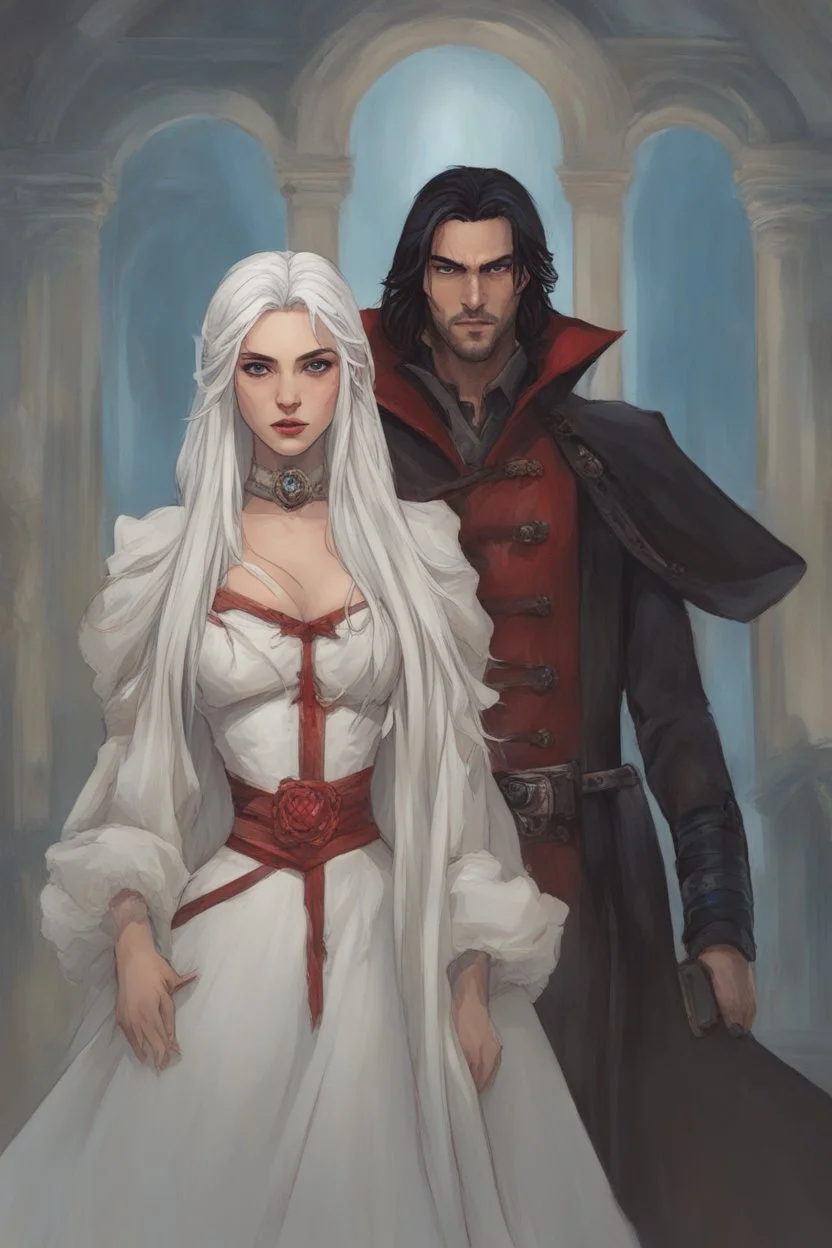 A couple, from the dnd game curse of Strahd. The woman has long white hair and blue eyes, the man has LONG BLACK hair and red eyes, no facial hair. He is standing protectively behind her.