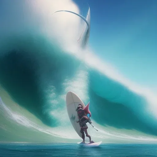 Santa standing of surfboard surfing a big wave, surfboard, beach, character design by cory loftis, fenghua zhong, ryohei hase, ismail inceoglu and ruan jia. unreal engine 5, artistic lighting, highly detailed, photorealistic, fantasy