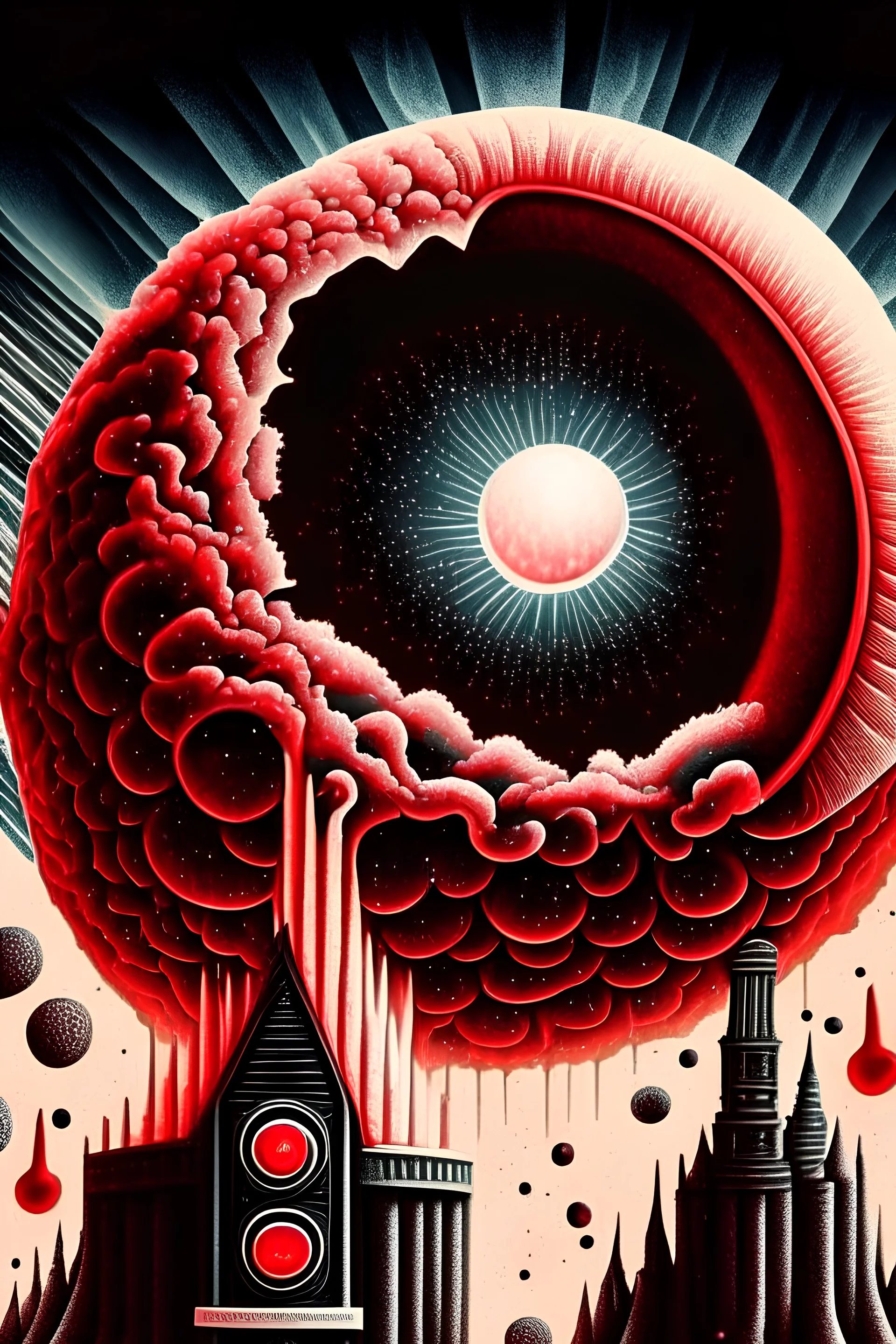 expand a picture of a dark, bloodish, organic, plasmatic dimensions flow from the black hole behind which is a lunar eclipse, inside there is pipe organ in the style of photo-realistic Stranger Things series like but without people