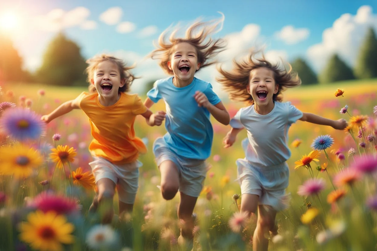 children run and laugh in the summer meadow, surrounding colors flowers, meadow, Happy and harmony vibe, blu sky and the little wind. high detailed, sharp focuses, photorealistic, cinematic