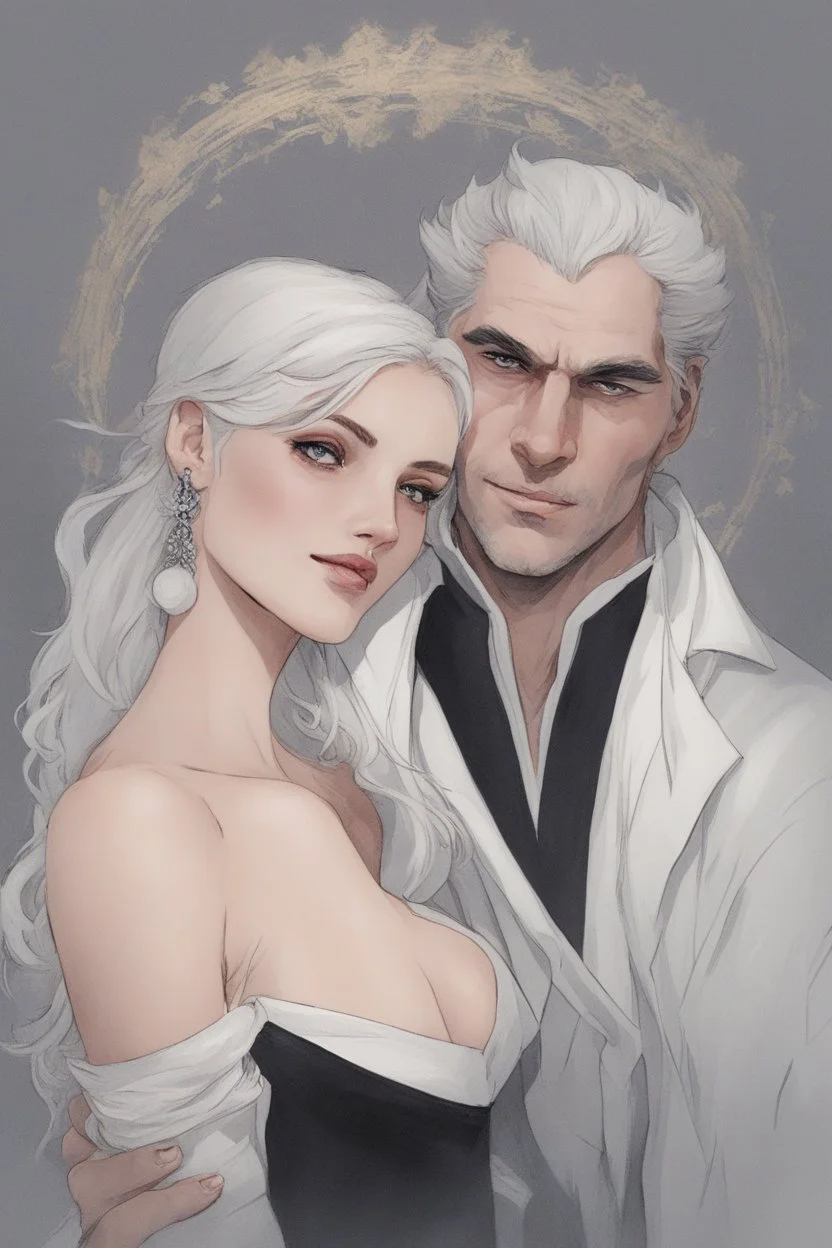 Strahd Von Zarovich being kissed by a beautiful woman with white hair, wearing an off the shoulder dress. Settling and background are a lavish toomb with an ebony coffin.