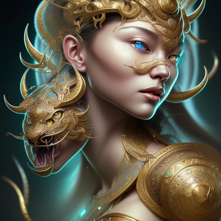 Sango fantasy, fantasy magic, intricate, sharp focus, illustration, highly detailed, digital painting, concept art, matte, art germ and Paul Lewin and Kehinde Wiley, masterpiece Indonesian lady head bronze tiger Asian African girl nice breast Thai hair turquoise silver waves