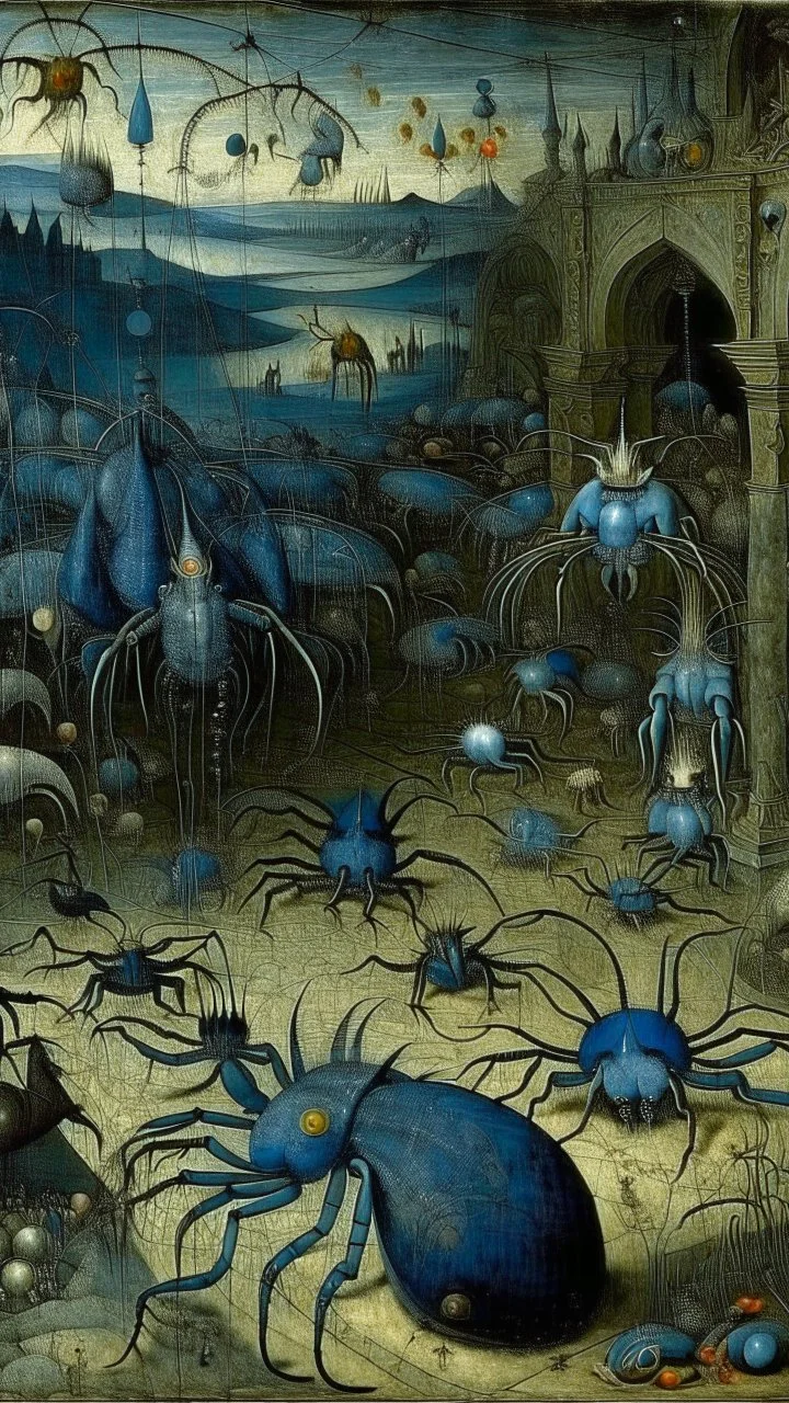 Serpent of the summoning floor ritualistic spiders particularly bold, saturated hues like gray and deep blues, often juxtaposed with dark, atmospheric settings.Bosch painting style