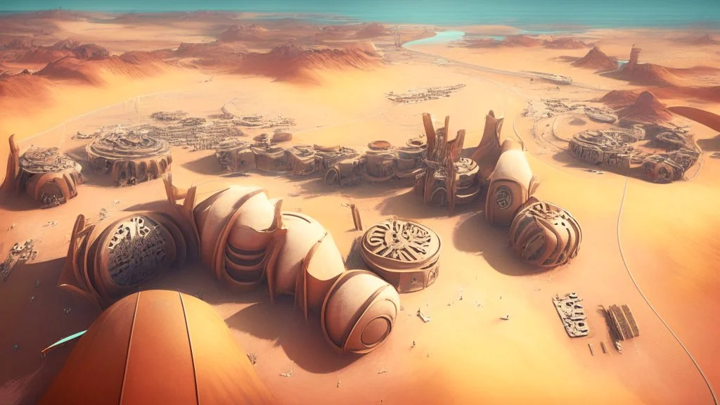 desert city from above, wind generators, retro futuristic