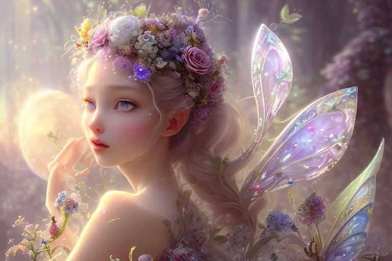 one very little beautiful fairy on a big crystal subtle flower in a galactic ambiance, transparent petals, delicate colors, in the foreground, full of details, smooth, bright sunshine，soft light atmosphere, light effect，vaporwave colorful, concept art, smooth, extremely sharp detail, finely tuned detail, ultra high definition, 8 k, unreal engine 5, ultra sharp focus