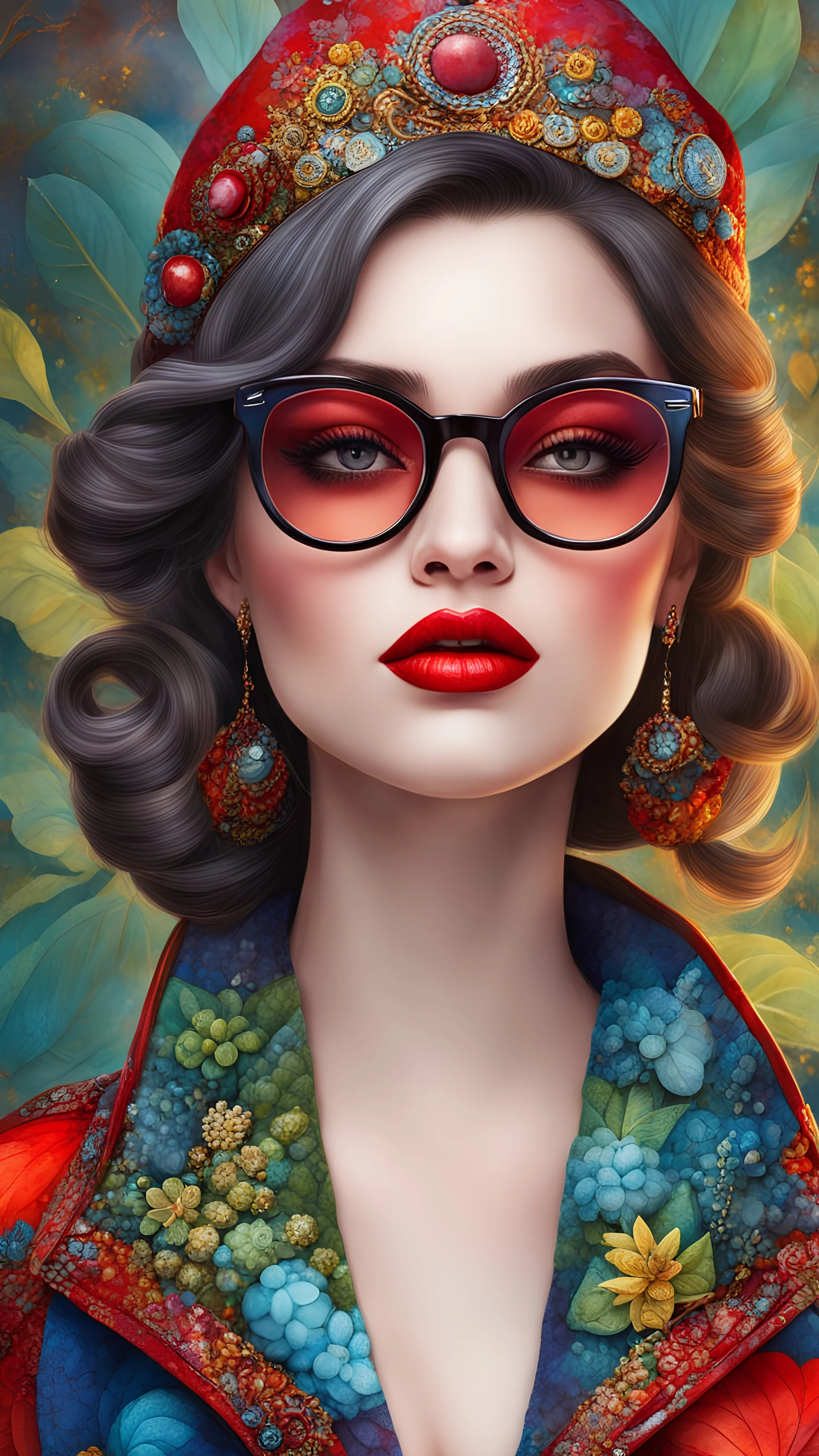 Art by Mandy Disher, a modern woman with a beautiful colorful rockybilly outfit, red lips, glasses, half body, pop up style, blurry fantasy background, natural lighting, hyper detailed digital painting, highly detailed, intricated, intricated pose, clarity, high quality, Watercolor, trending on artstation, sharp focus, studio photo, intricate details, highly detailed, by greg rutkowski