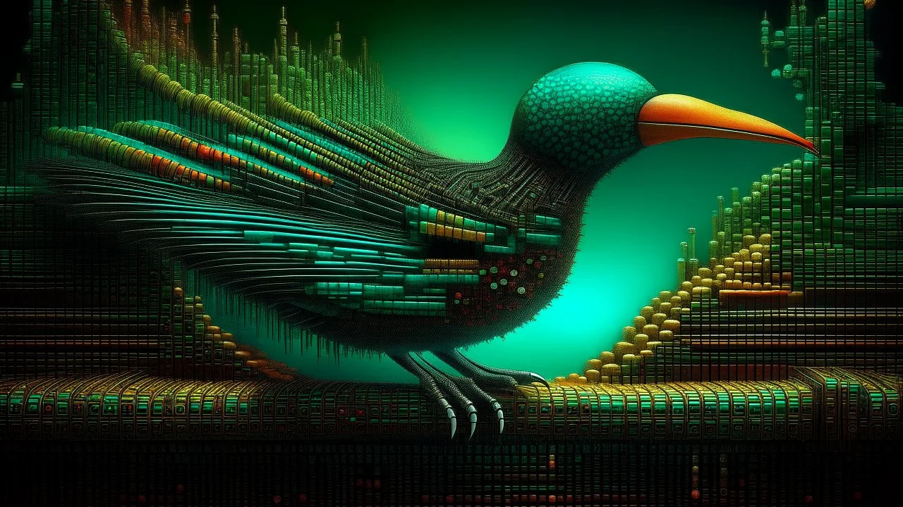 Surreal art piece featuring a belt made of binary code, with a bird perched on it, against a dark and mysterious background. Highly detailed and intricate, incorporating elements of technology and nature. Inspired by the works of Salvador Dali and M.C. Escher. Rendered in 3D software such as Blender or Maya, with vibrant colors and sharp lines to create a dreamlike effect. Square image for use as album cover or poster artwork.