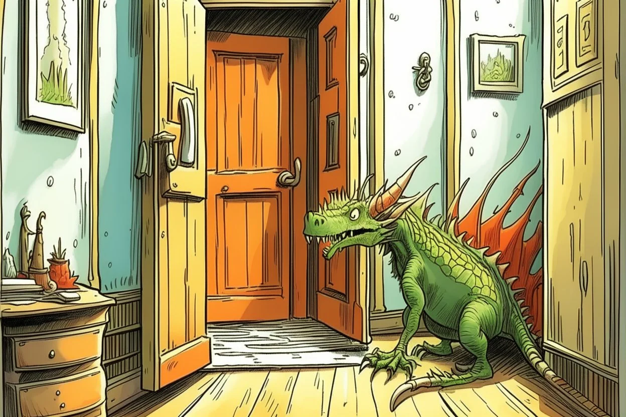 A good dragon knocks on the door of a child's room, realism photographic, graphic novel,