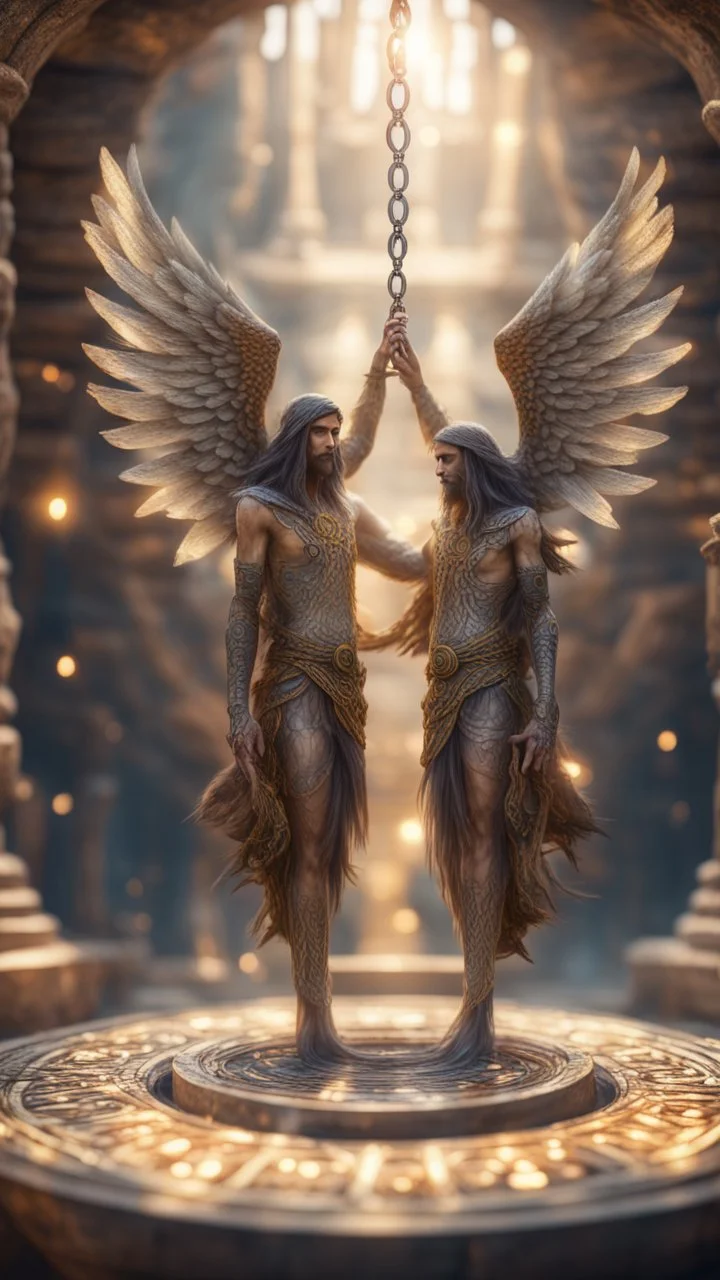 sacred geometry, Harut and Marut are a pair of nephilim angels hanging upside down inside the well. They are said to tempt humans by teaching them the arts of sorcery, bokeh like f/0.8, tilt-shift lens 8k, high detail, smooth render, down-light, unreal engine, prize winning