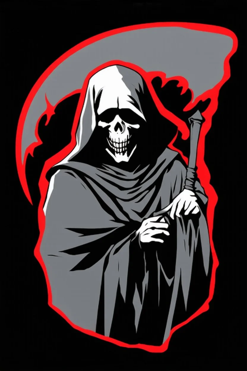 Grim-Reaper vignette, black and white vector with a red outline, and black backdground