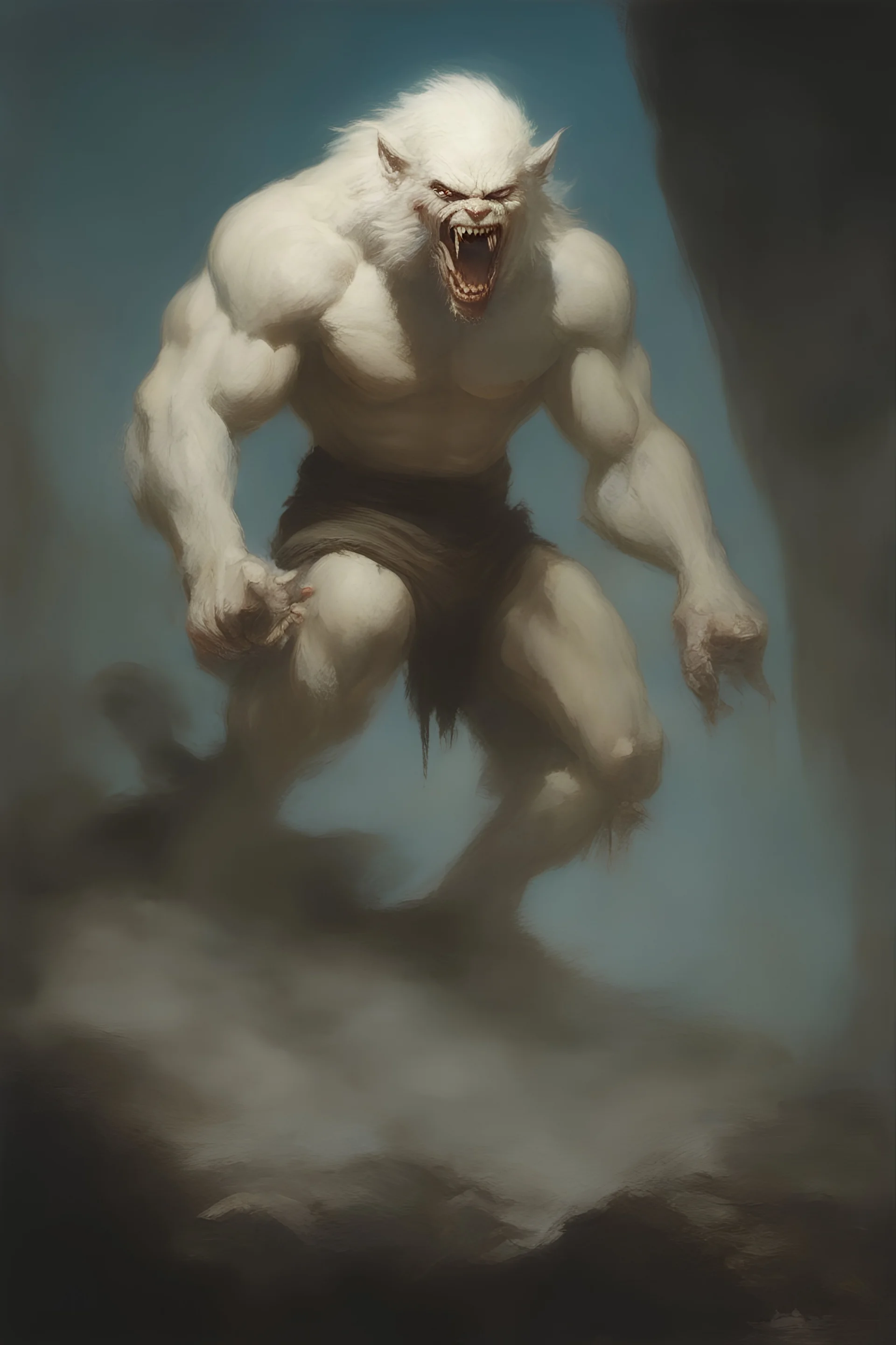 A giant, snarling albino Werewolf - oil painting by Frank Frazetta