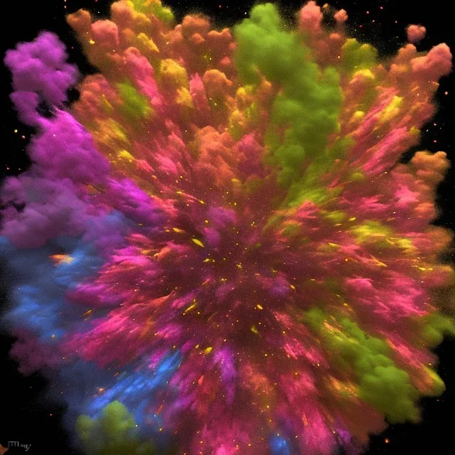 Full shot sketch of A centered explosion of colorful powder on a black background