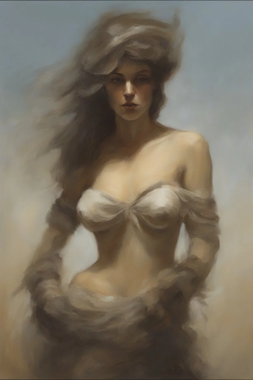 create the face of a woman from head to waist, oil on canvas, in the art style of Frank Frazetta
