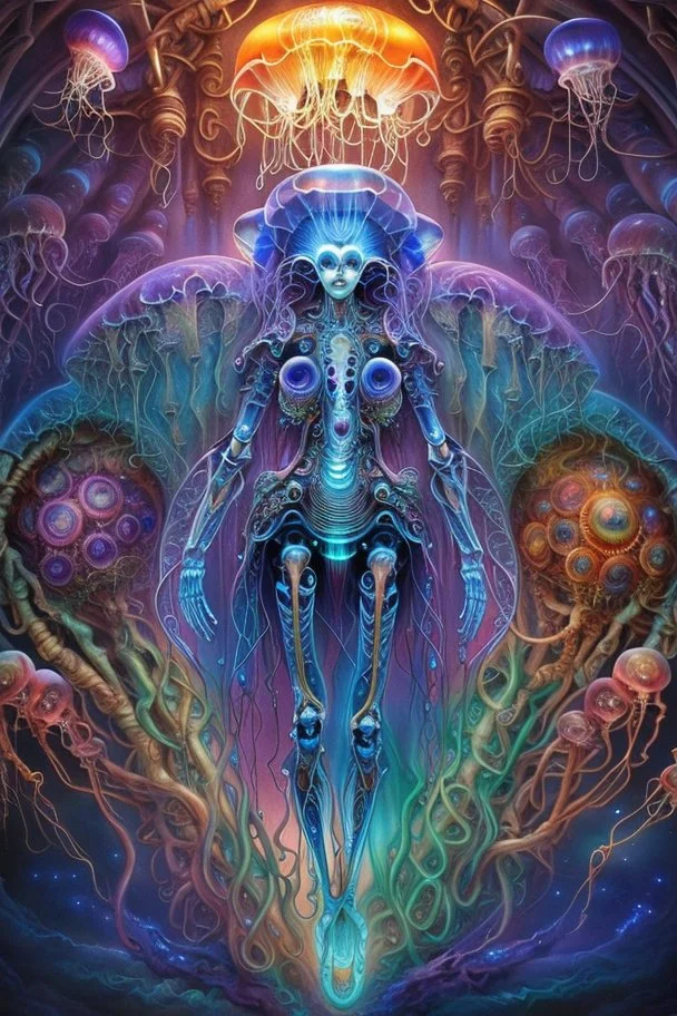 beautiful .bones. A jellyfish Cosmic robot developed .Fantasy, perfect anatomy, Coral trees, alien fruits ..fantasy, vibrant digital art professional award winning masterpiece, oil on canvas Atmospheric extremely detailed Josephine Wall