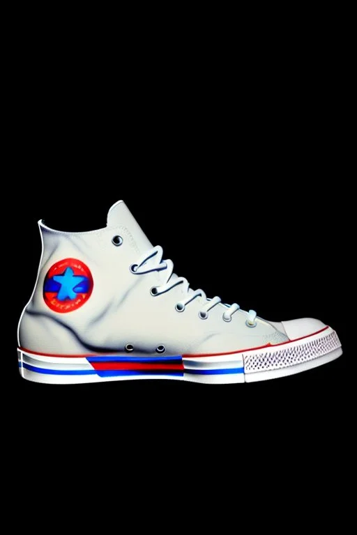 A converse sneaker, covered in a superman theme