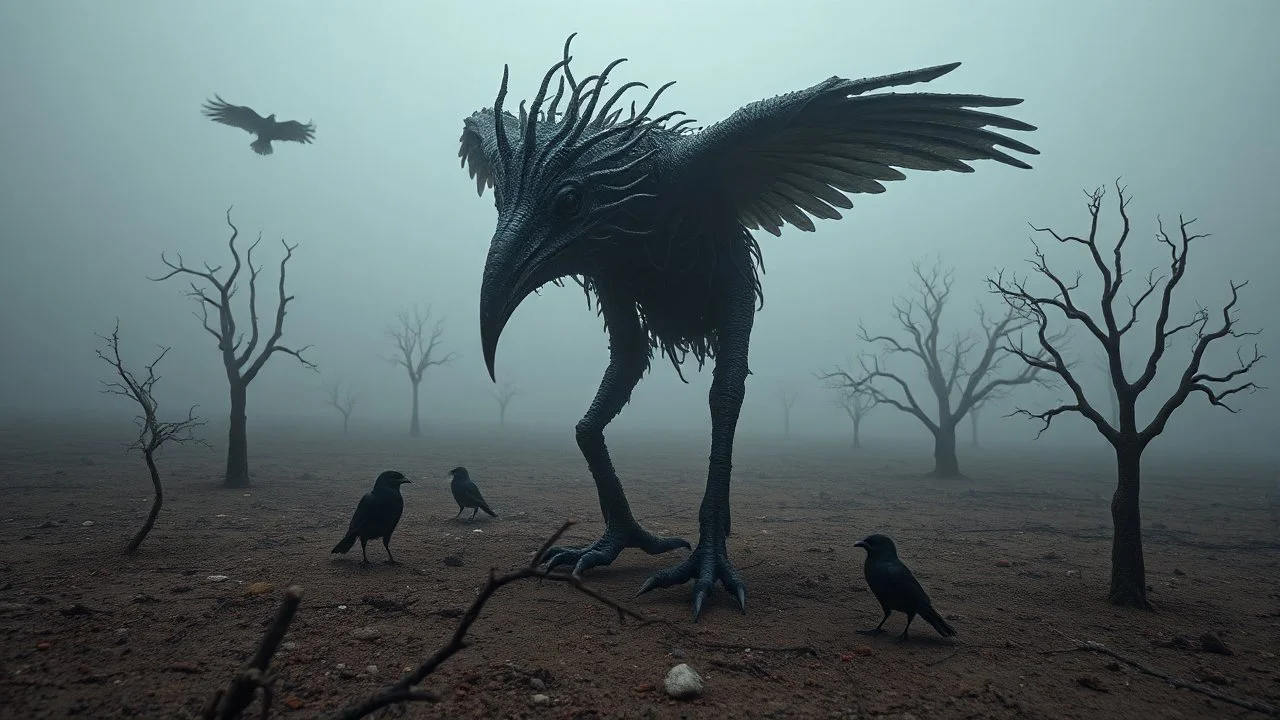 close in center weird crepy bird-man creature around different small dark crepy birds and far away surreal thriller vibe trees in alternative surreal barren, dry, gloomy world, nightmare in abyss, deep vortex, black, gray, purple, brown, silver, dark red colors, surreal, weird dark fantasy, deep dark colors, sharp lines, crepy stunning, high detalied, weird, fog, shadows, realistic, surreal, highly detailed, melancholic thriller mood