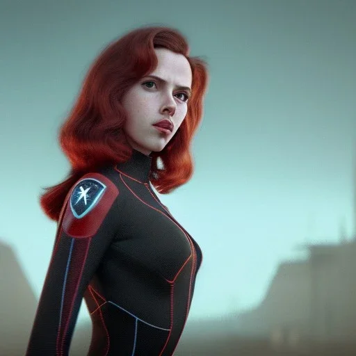 retro sci-fi portrait image from 1960, supermarket parking explosion, fire, classic black widow, young Scarlett Johansson, tight lycra suit, soft color, highly detailed, unreal engine 5, ray tracing, RTX, lumen lighting, ultra detail, volumetric lighting, 3d, finely drawn, high definition, high resolution.