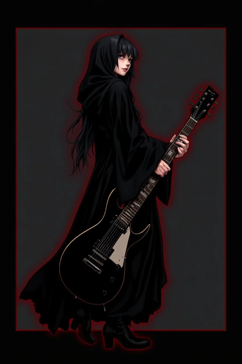 pretty goth girl(dressed in black flowing robes) rockin' on the guitar, leaning back, dark background, red outline, vignette, photo realism