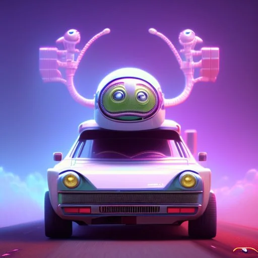 a cartoon alien driving a car down a road, a character portrait by Mike Winkelmann, featured on cgsociety, pop surrealism, rendered in cinema4d, daz3d, behance hd