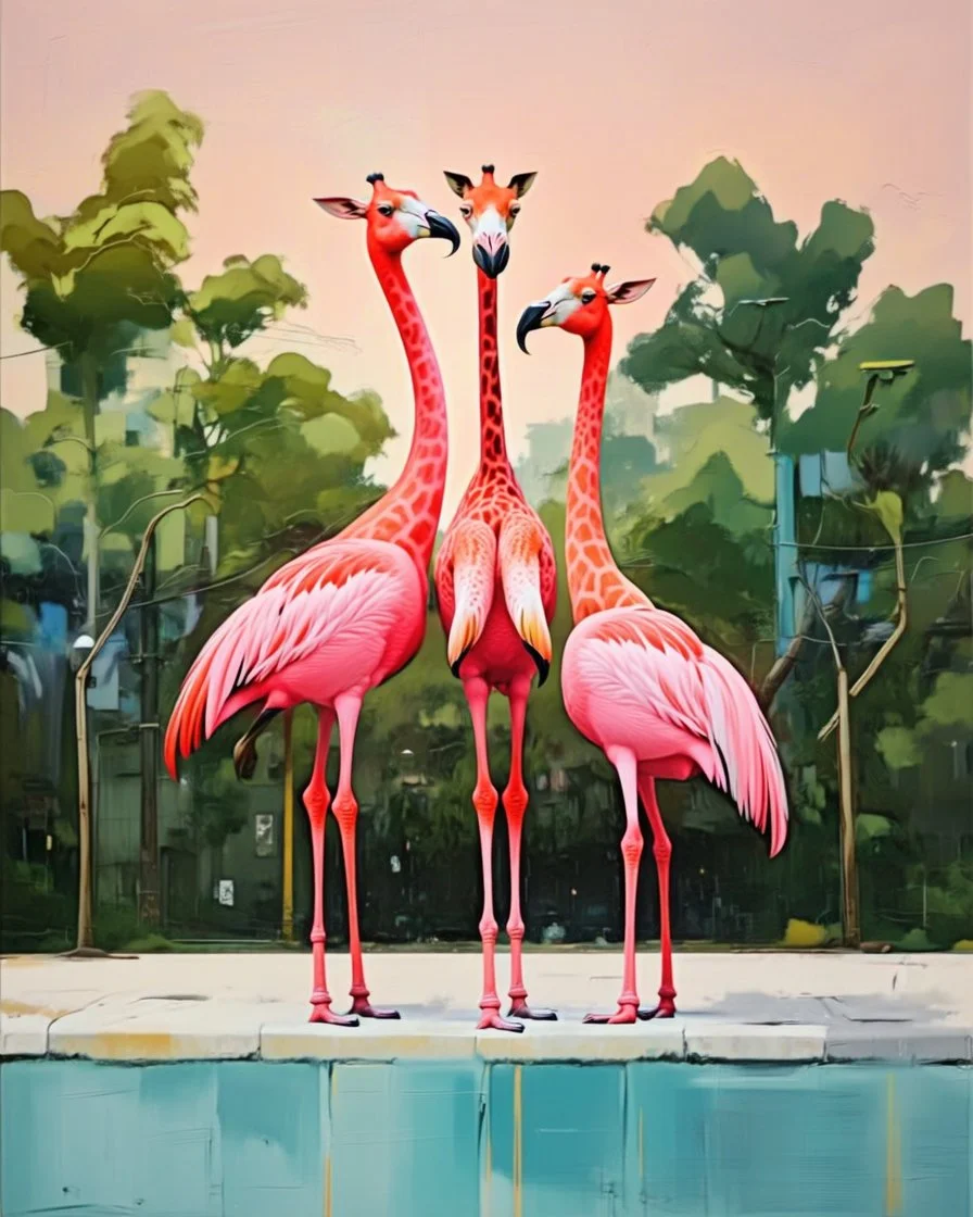 three giraffe-headed flamingos with giraffe neck and head and giraffe pattern standing on the kerb in a street of a cyberpunk city, acrylic and oil, minimalist, cinematic, dramatic, (glitch deconstruction:1.7), centered,, amazing verticals, excellent parallels