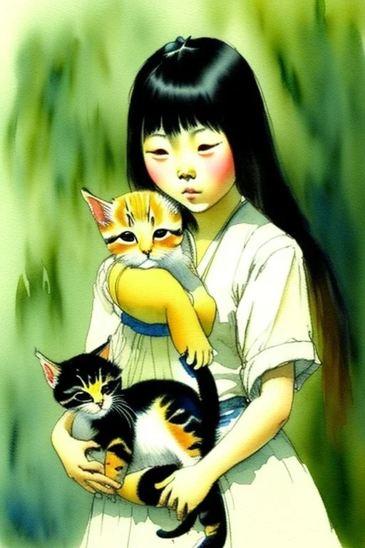 A cute asian girl is holding a kitten. Watercolour