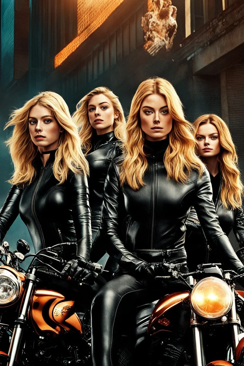 Poster for an action film called "The Motorbike Girls" starring Katherine McNamara, Margot Robbie and Georgia Henshaw, wearing skin-tight leather catsuits, posing like Charlie's Angels.
