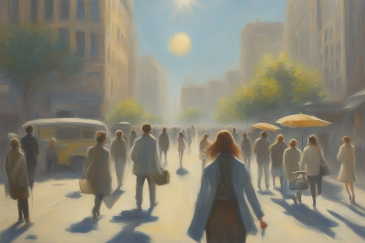 sunny day, city, sci-fi, people, epic, claude monet influence, realistic painting