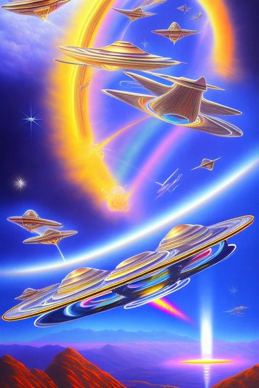 intergalactic very beautiful ufo rainbow futurist,mother ship pleiadien,crystal and light