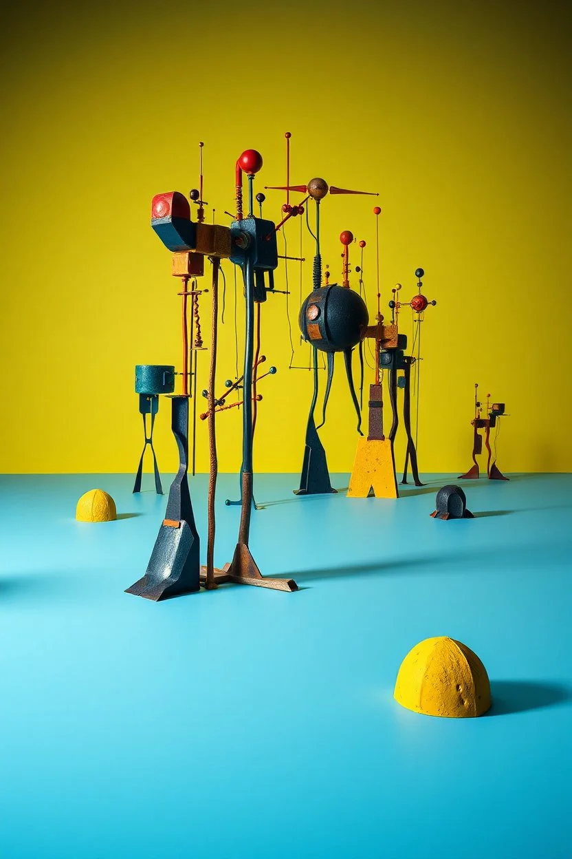 Fotografia di una superficie piatta di colore azzurro chiaro e giallo pastello, su cui si ergono enormi surreali strutture di forma astratta e surreale, di metallo, di colori vari, forti contrasti. Buio. Joan Miró odd style. Strong 3d deep field. Oscurità, paranoic, obsessive, homologic, phobic, nightmare, notte, glossy, hasselblad h6d400c --ar 85:128 --v 6.