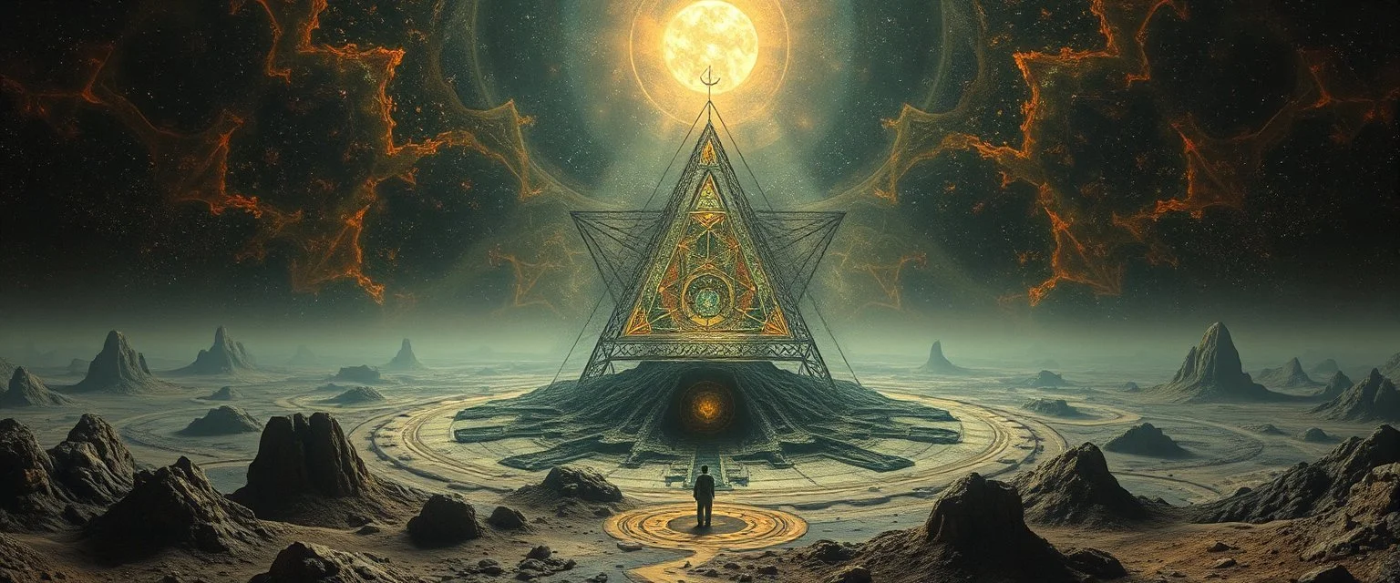 sleepy alien sacred geometry in the style of John Atkinson Grimshaw