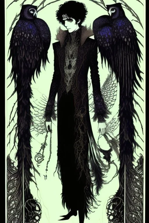 black haired young man necromancer wizard with gothic jewelry and Feathery owl-like hair, has the lower legs of an owl, in the style ofHarry Clarke