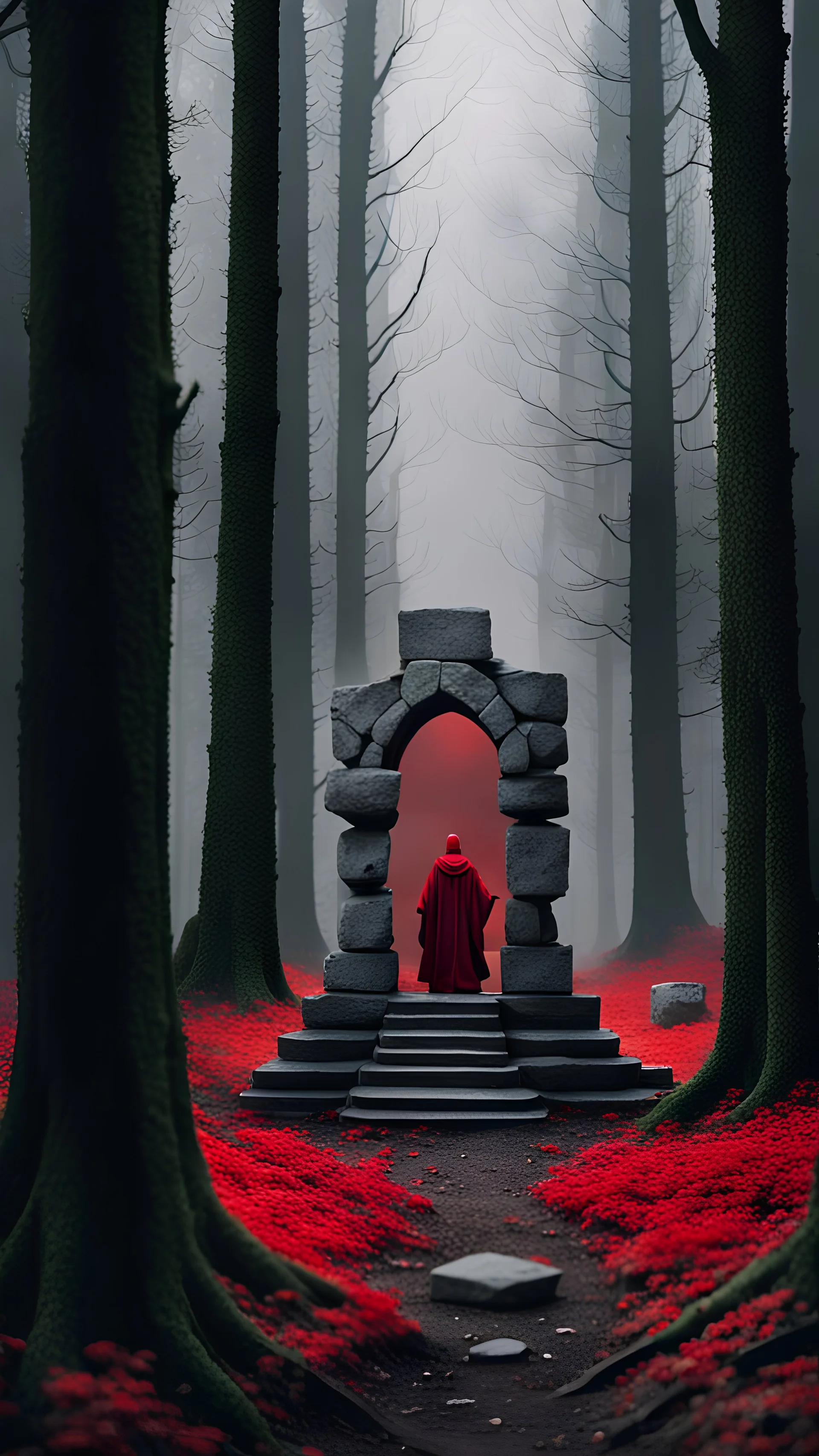 In the middle of a gloomy forest there is a stone altar with a red portal and a figure in a black robe from the back