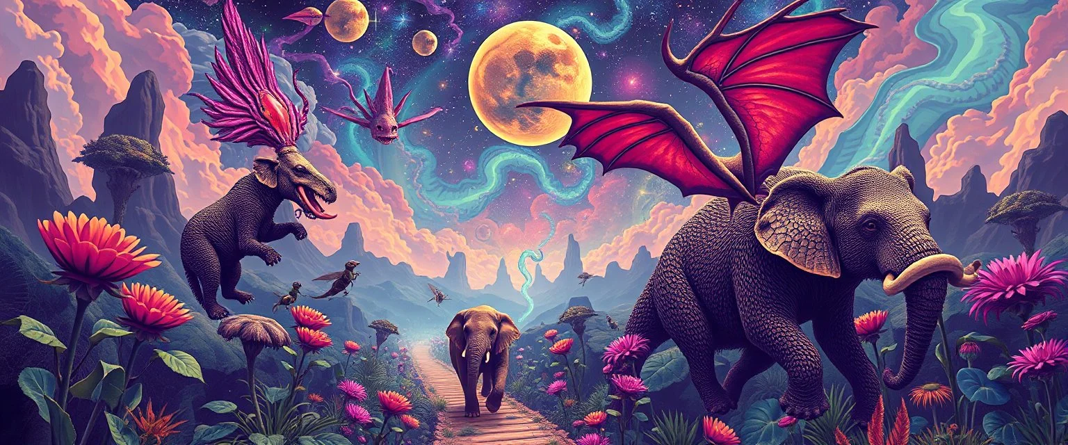 promenade portrait of a bear ant eater squid elephant horse dragon floating in 4 dimensions, goa trance movie poster, stylized art, weird endless plants
