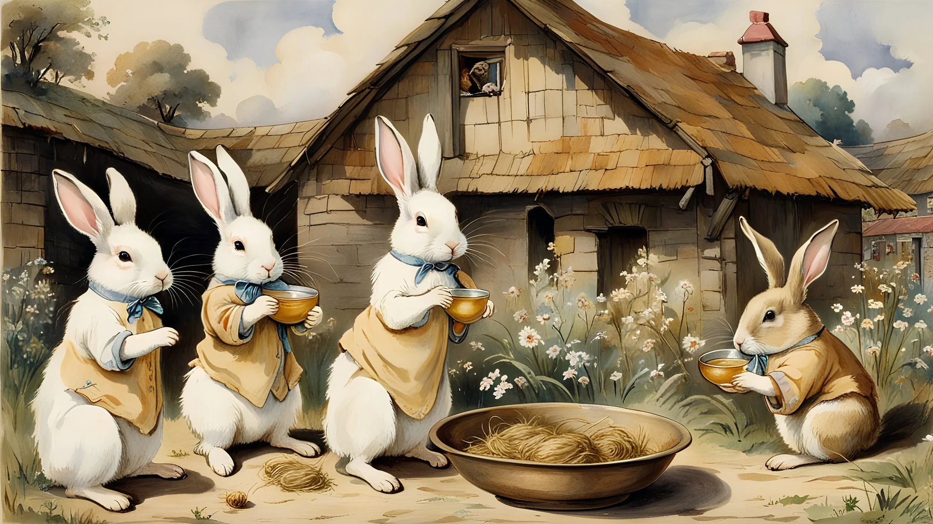 three little rabbits playing, the white rabbit is drinking from a bowl, brown is eating lots of hay standing up with both hands, third honey colour rabbit is crowling with bottom up wet paws shooting poo, in the background is a rabit house with two floors, yard is covered in puddles of wee and hips of poo, in style of Cicely Mary Barker