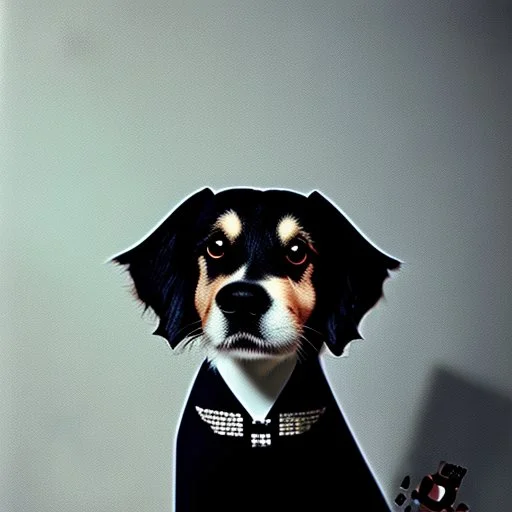 A dog in black dresses adorning a room, 1970s, photography sharp focus by Jean Rollin, hermitpunk, mallgoth