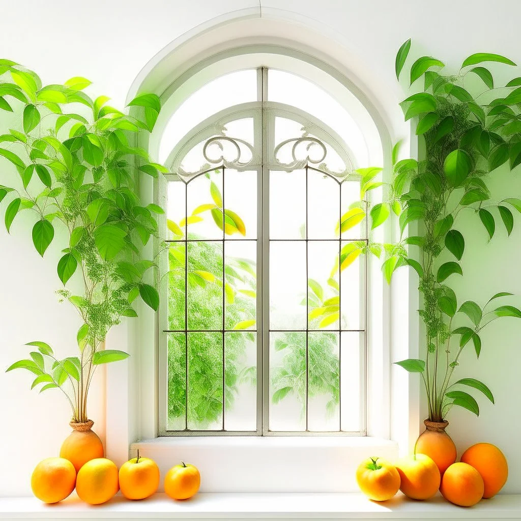 A window in white with an arch decorated with mangoes and light green leaves and soft orange bright colors.