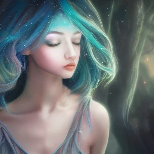 Autoportrait with galaxy hairs beautiful girl ultra-realistic, highly detailed, masterpiece, delicate detailed, sharp focus, insanely detailed, fantasy art, intricate detailed, elegant, fog, Special Lighting, Vibrant, color Scheme, forest, unreal engine 5, trending on artstation, anime