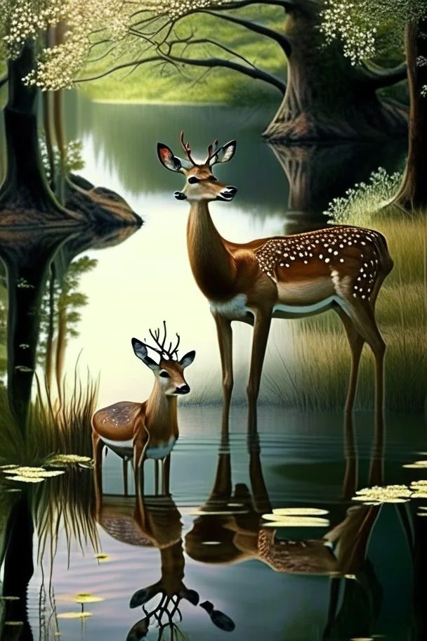 A deer next to its mother and next to them a very beautiful pond.