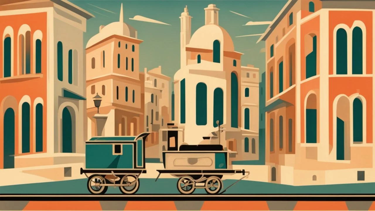 Train track with buildings and a carriage, Italian futurism style, in a cityscape.