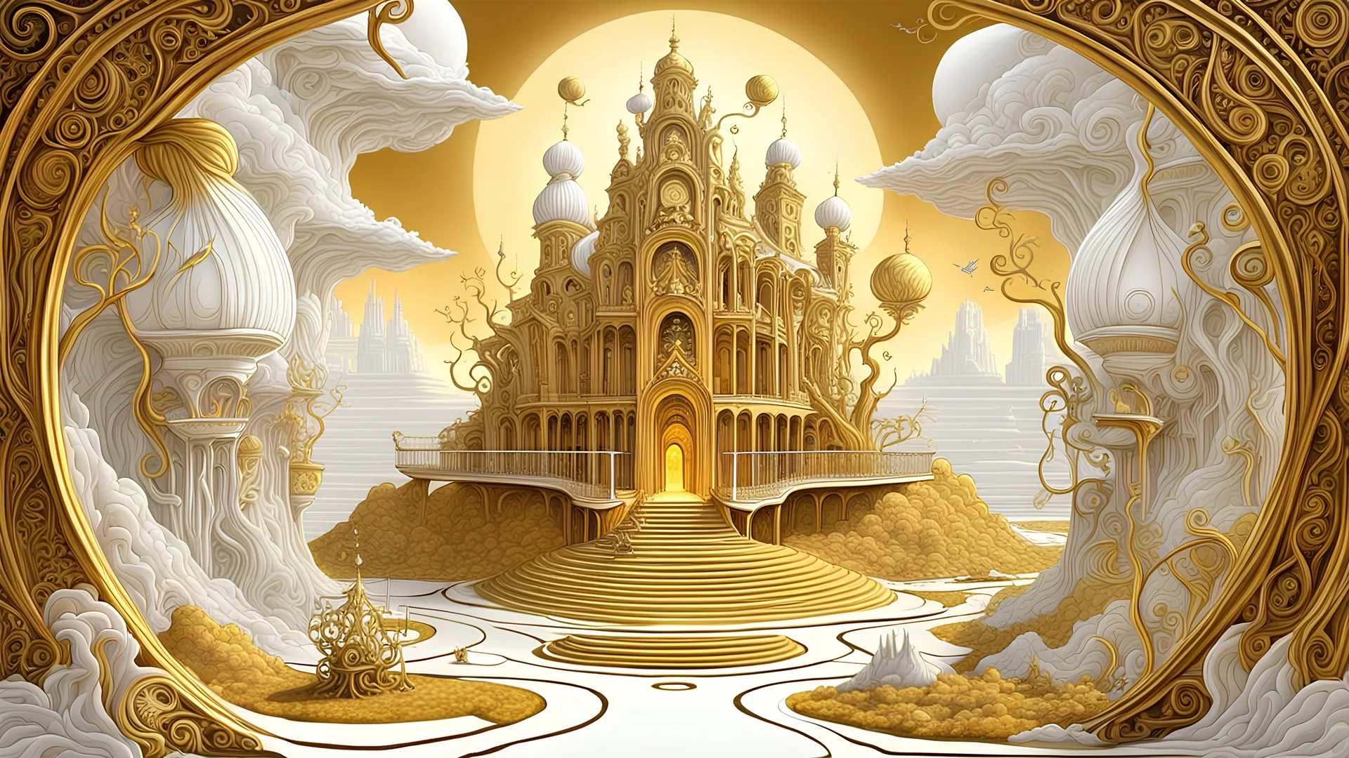 Paradise Court Scene, Fantasy Surrealism Otherworldly, Gold / All White, Artist Jacek Jelka, Richard Dennis, "Beautiful view of paradise!!" Dali Modifier: High definition, surrealism, children's drawing, very attractive, fantastical, highly detailed, beautiful, elegant, complex